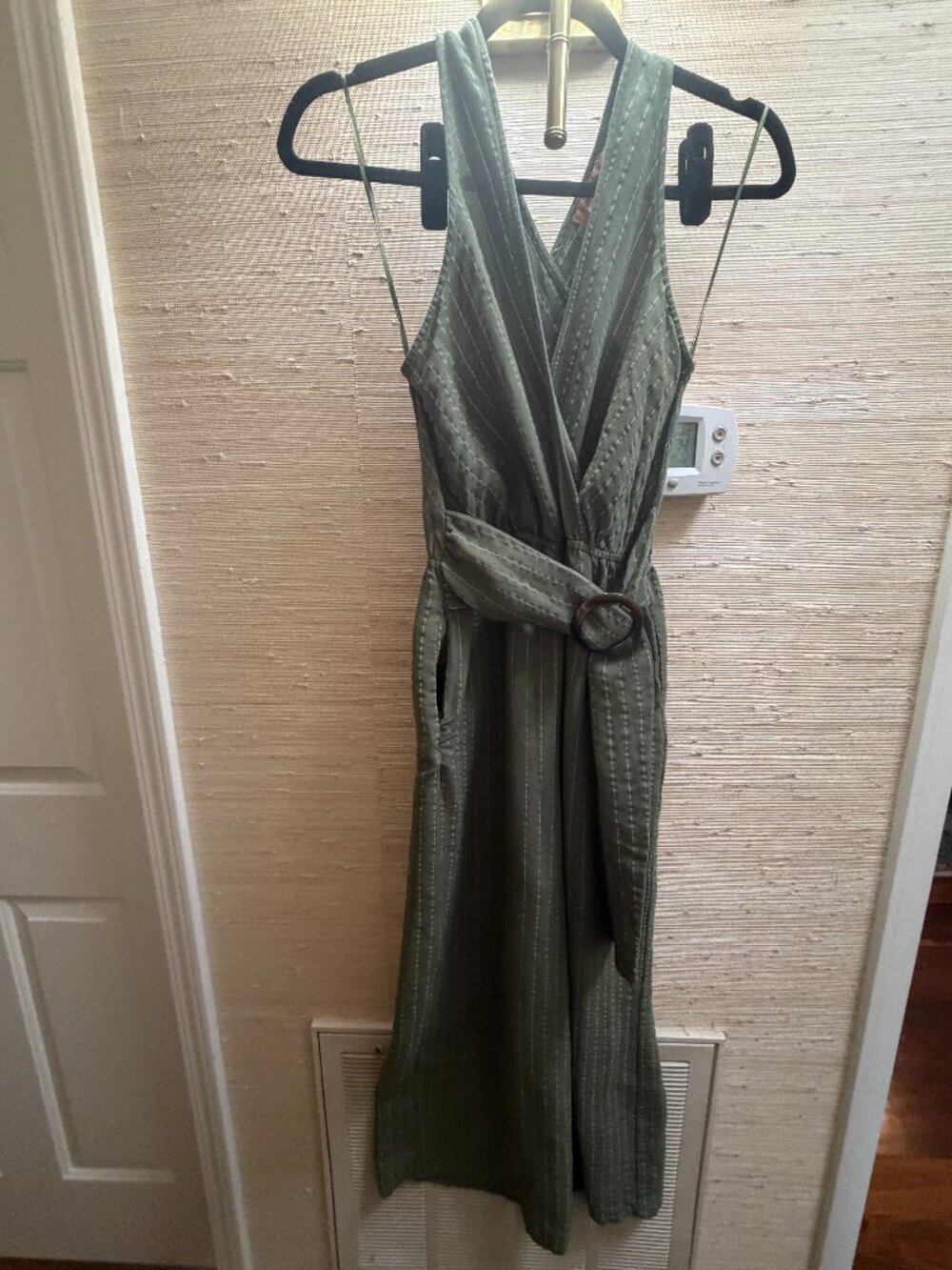Flying Tomato Olive Green Striped Belted Wide Leg Romper Small